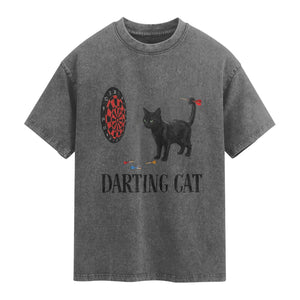 Funny Black Cat Darts Player Washed Cotton T-Shirt Darting Cat Dartist Gift