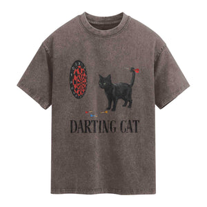 Funny Black Cat Darts Player Washed Cotton T-Shirt Darting Cat Dartist Gift