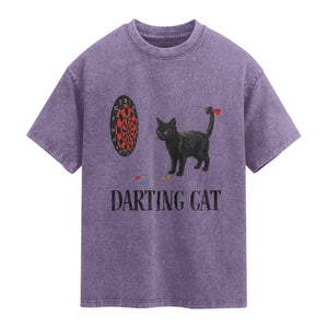 Funny Black Cat Darts Player Washed Cotton T-Shirt Darting Cat Dartist Gift
