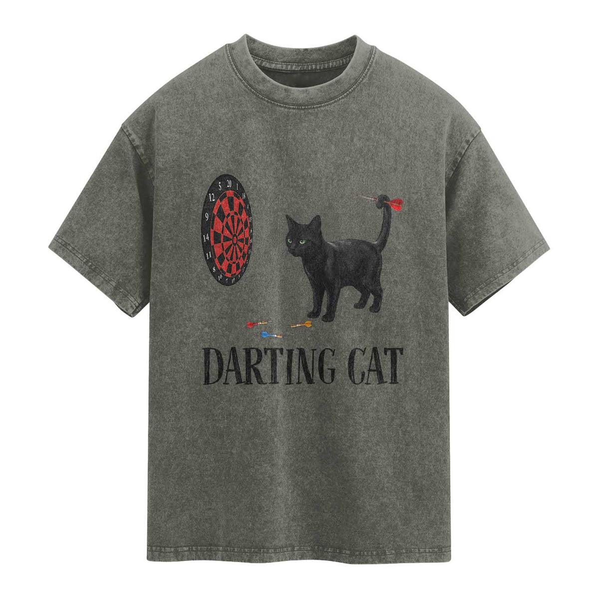 Funny Black Cat Darts Player Washed Cotton T-Shirt Darting Cat Dartist Gift