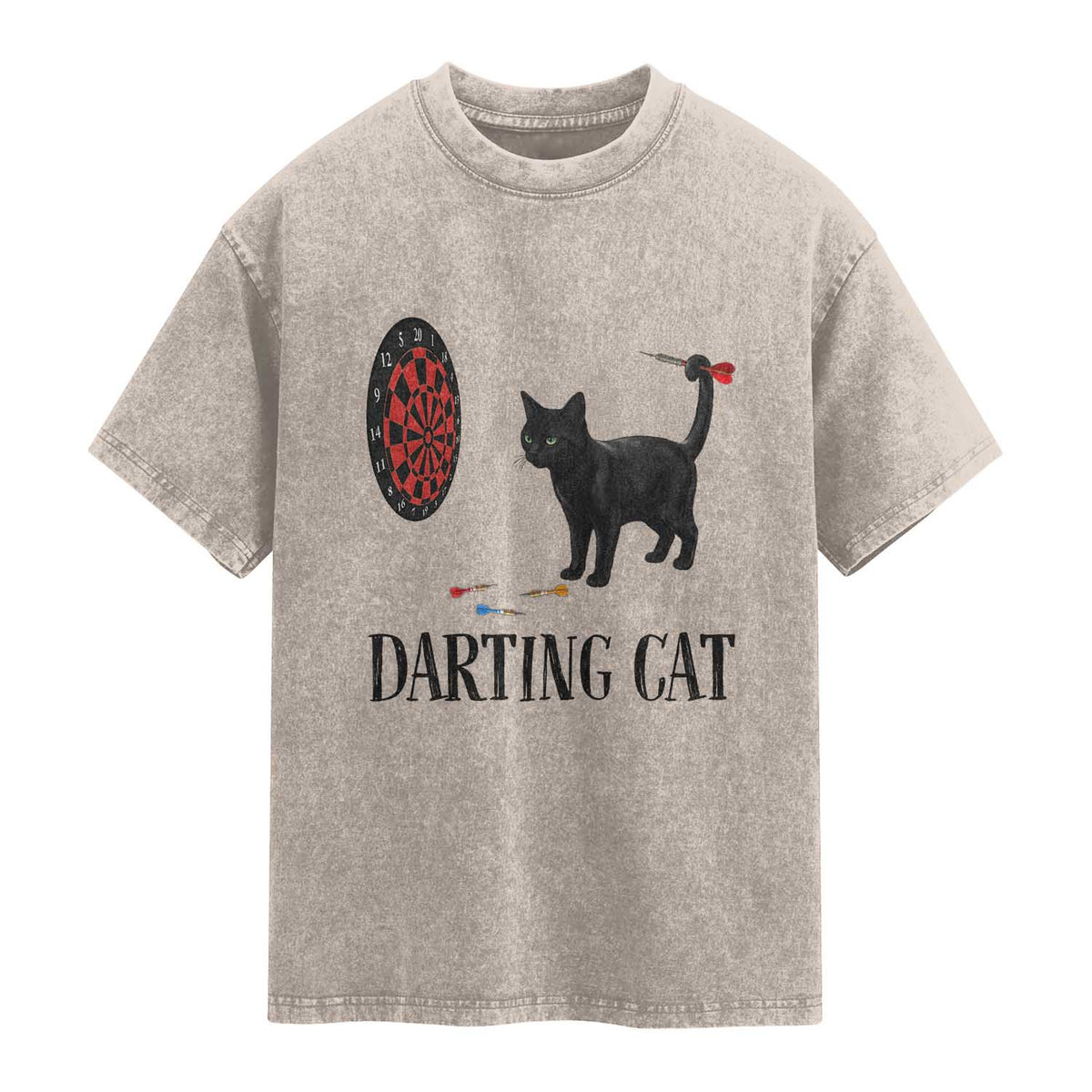 Funny Black Cat Darts Player Washed Cotton T-Shirt Darting Cat Dartist Gift