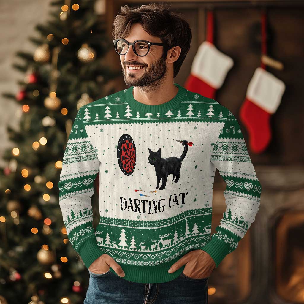 Funny Black Cat Darts Player Ugly Christmas Sweater Darting Cat Dartist Gift TS12 Beige Green Print Your Wear