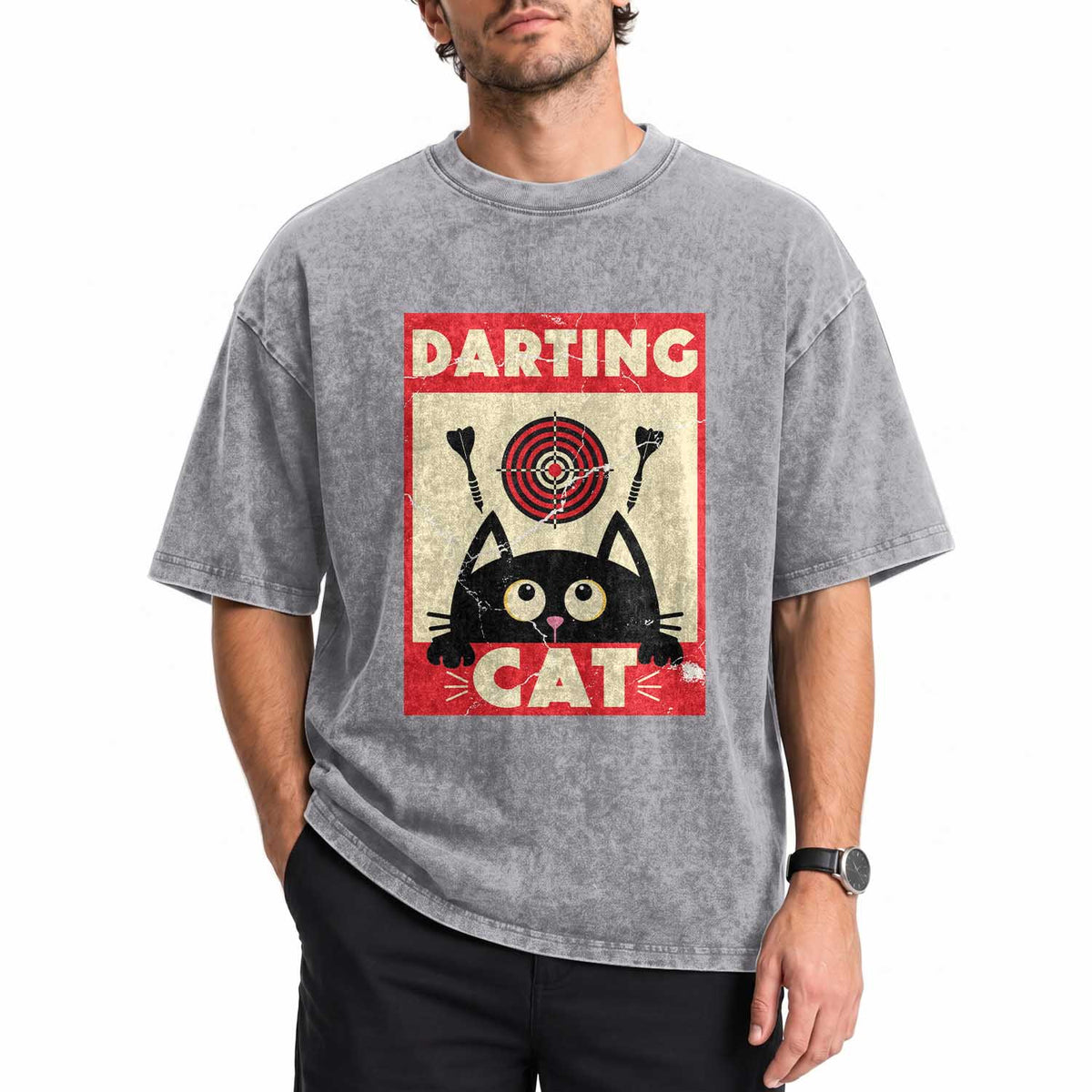 Black Cat Dart Thrower Washed Cotton T-Shirt Cat Lover Dartist Gift