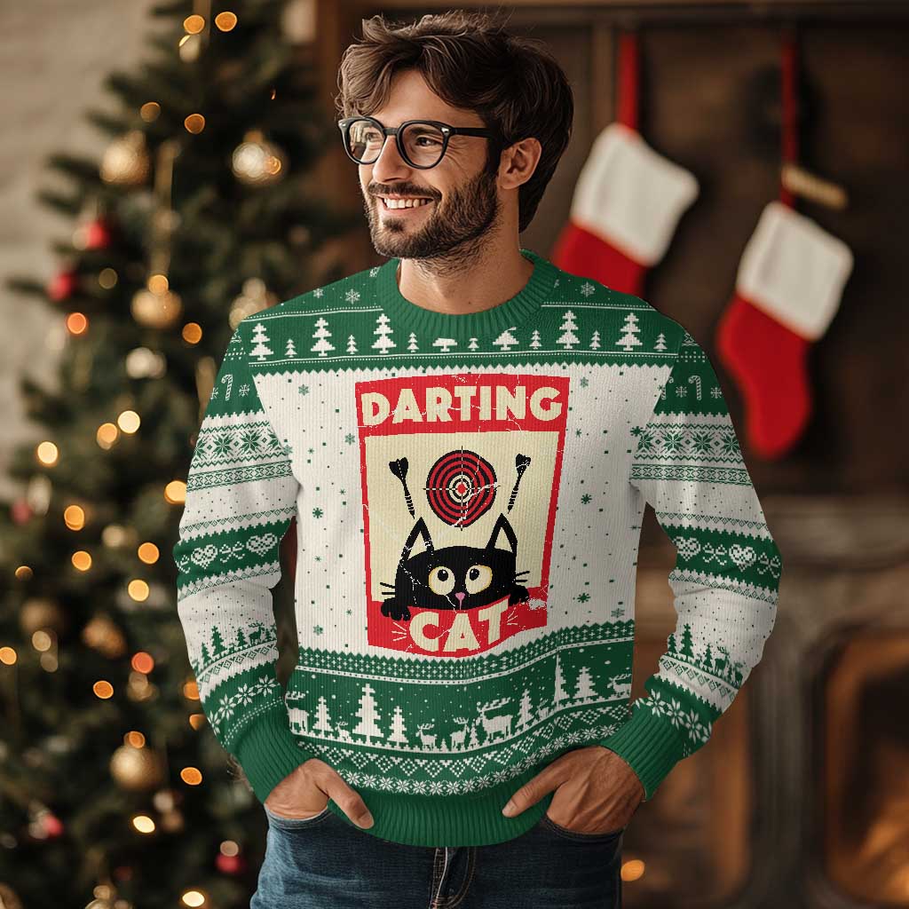 Black Cat Dart Thrower Ugly Christmas Sweater Cat Lover Dartist Gift TS12 Beige Green Print Your Wear