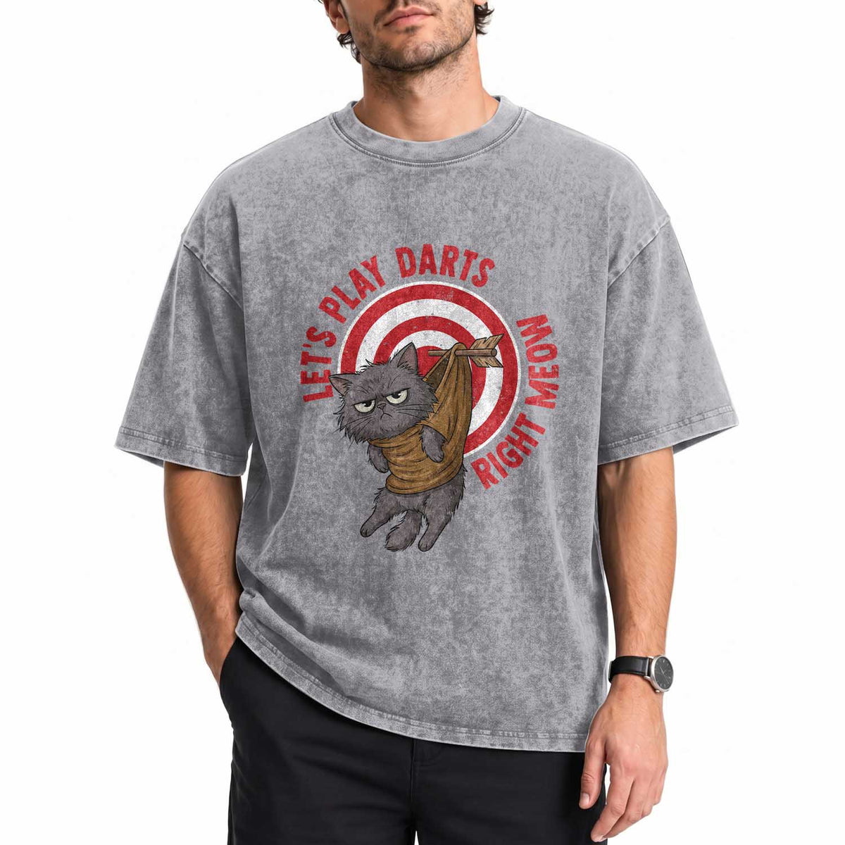 Funny Cat Darts Lover Washed Cotton T-Shirt Lets Play Darts Right Meow