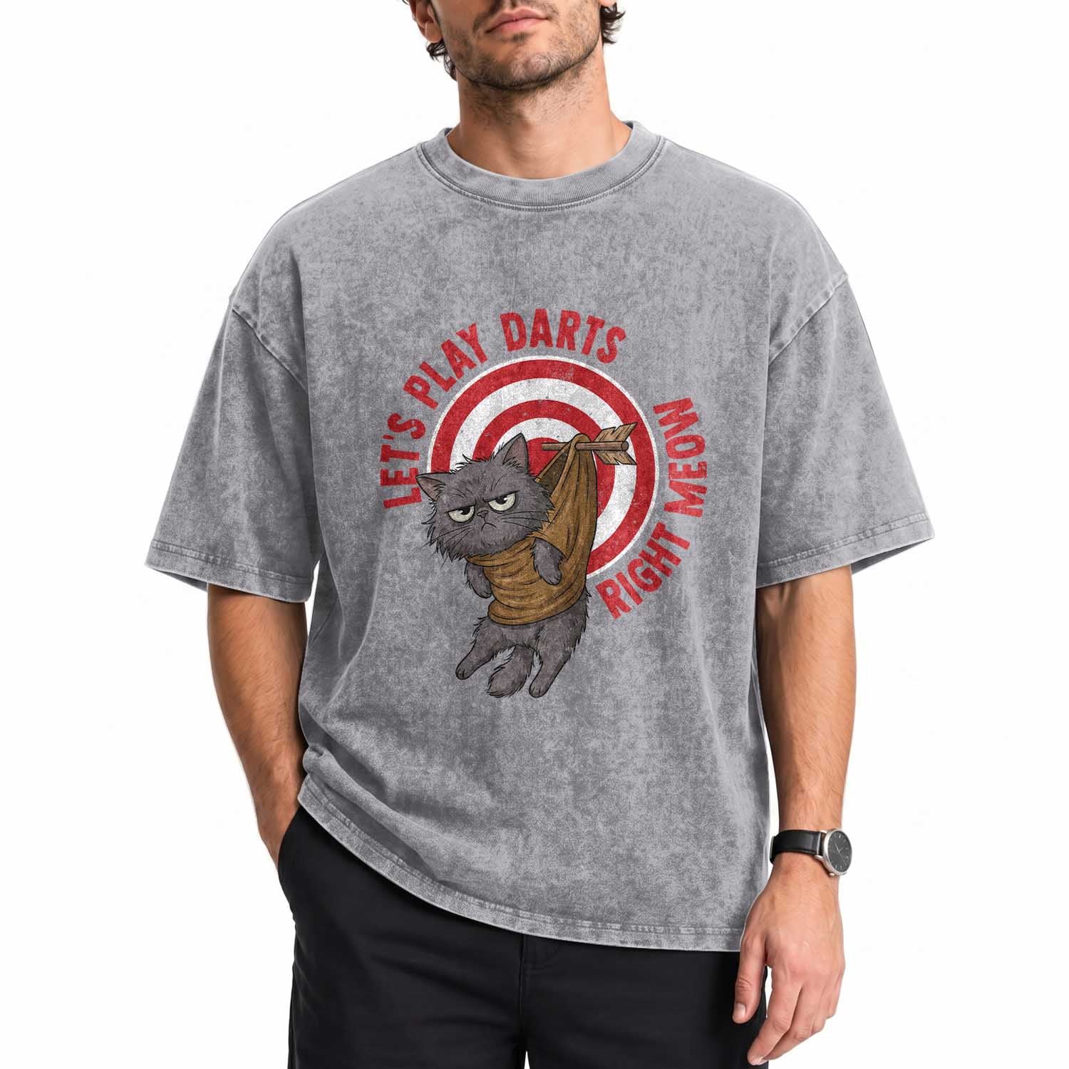 Funny Cat Darts Lover Washed Cotton T-Shirt Lets Play Darts Right Meow