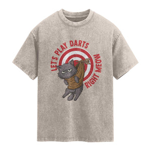 Funny Cat Darts Lover Washed Cotton T-Shirt Lets Play Darts Right Meow