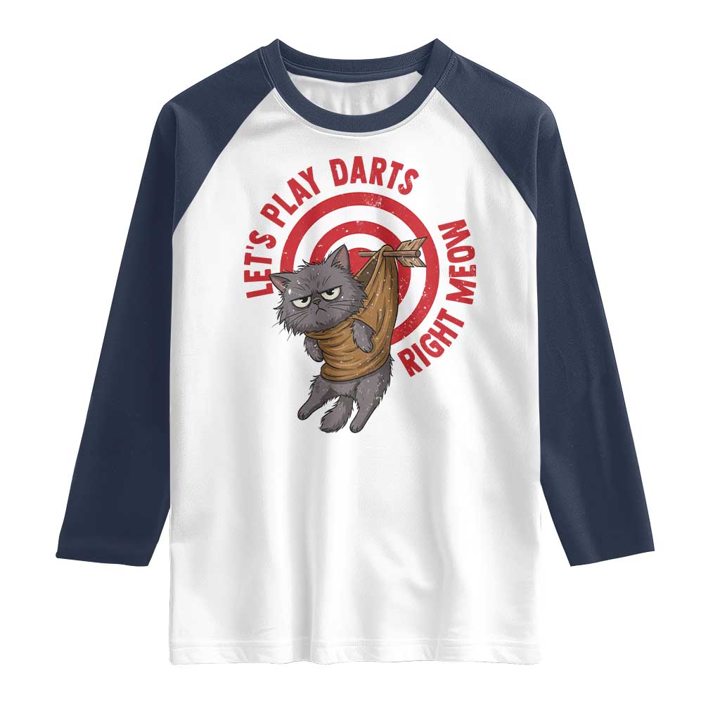 Funny Cat Darts Lover Raglan Shirt Lets Play Darts Right Meow TS12 White Navy Print Your Wear
