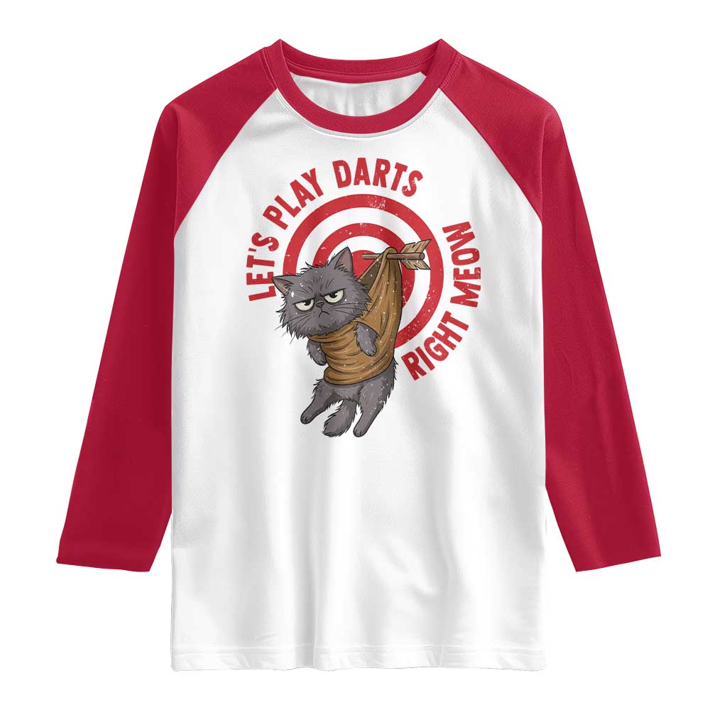 Funny Cat Darts Lover Raglan Shirt Lets Play Darts Right Meow TS12 White Red Print Your Wear