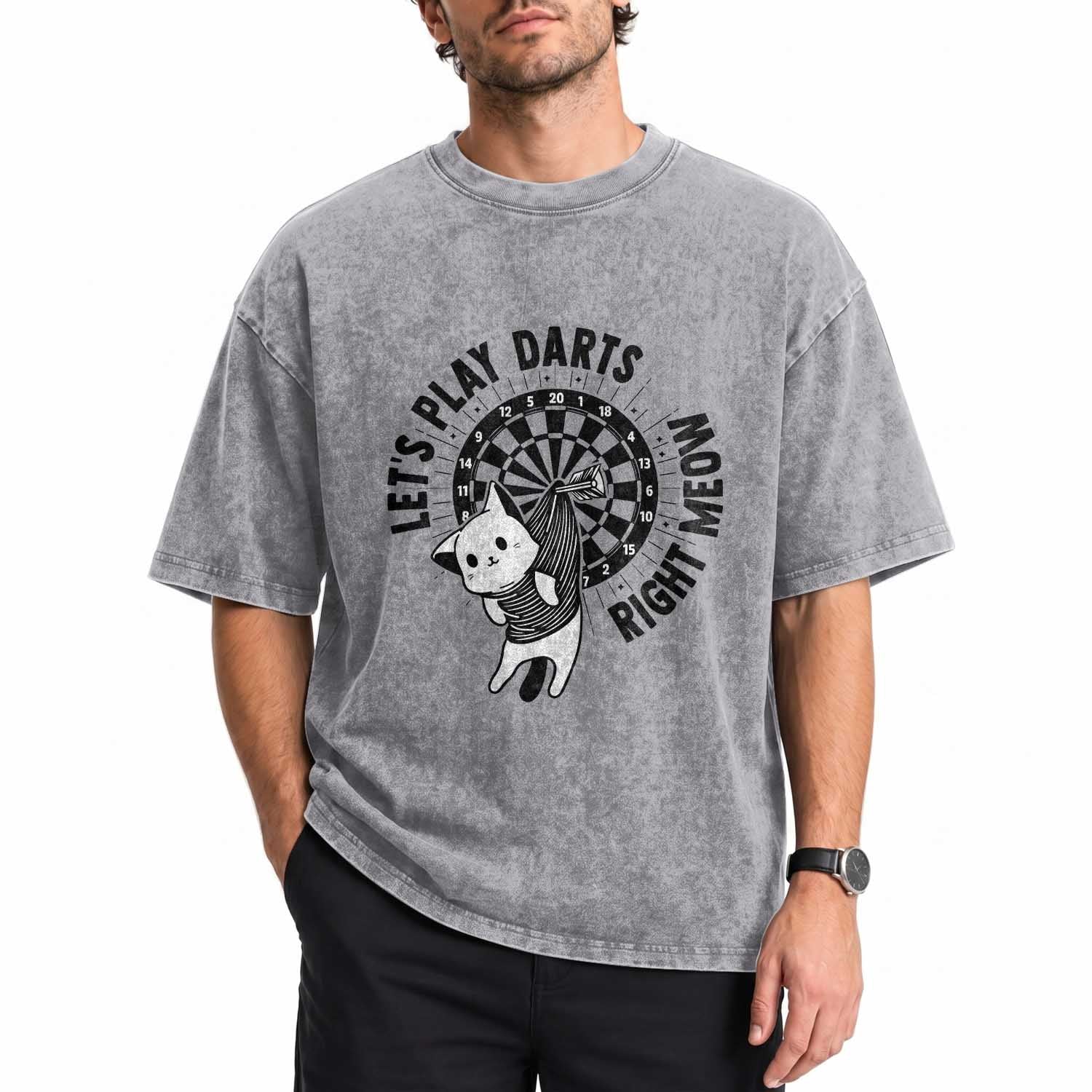 Lets Play Darts Right Meow Washed Cotton T-Shirt Cute Cat Dart Player Pub Game Gift