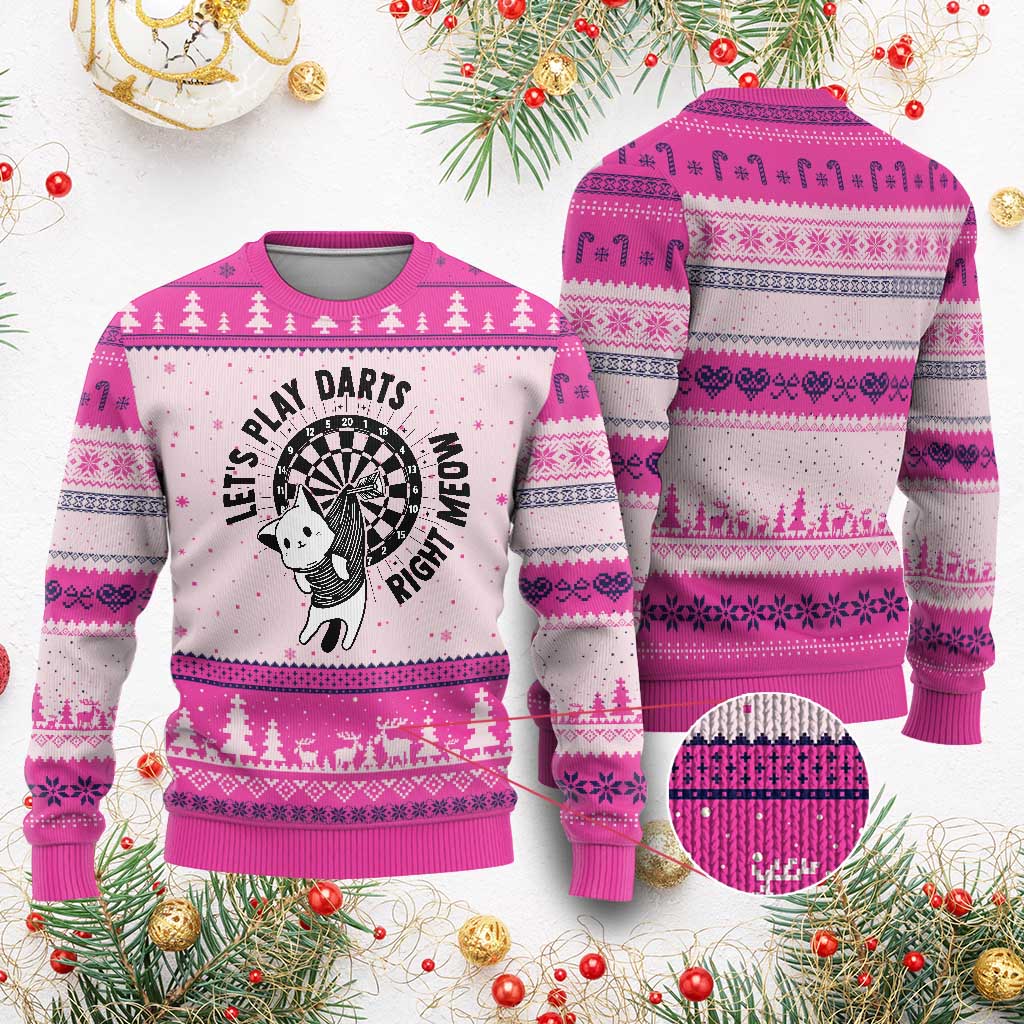Lets Play Darts Right Meow Ugly Christmas Sweater Cute Cat Dart Player Pub Game Gift TS12 Hot Pink Print Your Wear