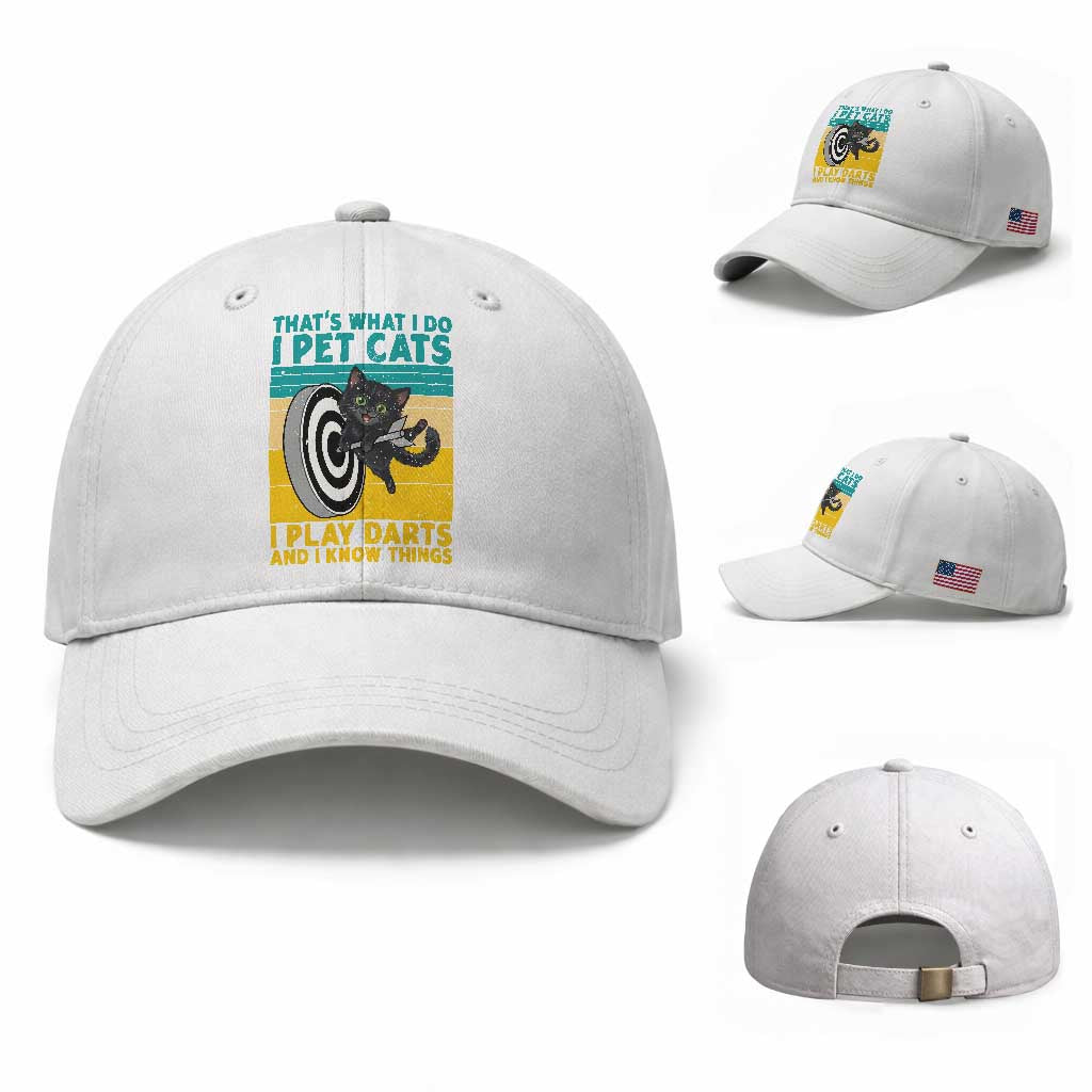 Funny Retro Sunset Cat Darts Baseball Cap I Pet Cats I Play Darts And I Know Things TS12 Baseball Cap Universal Fit White Print Your Wear