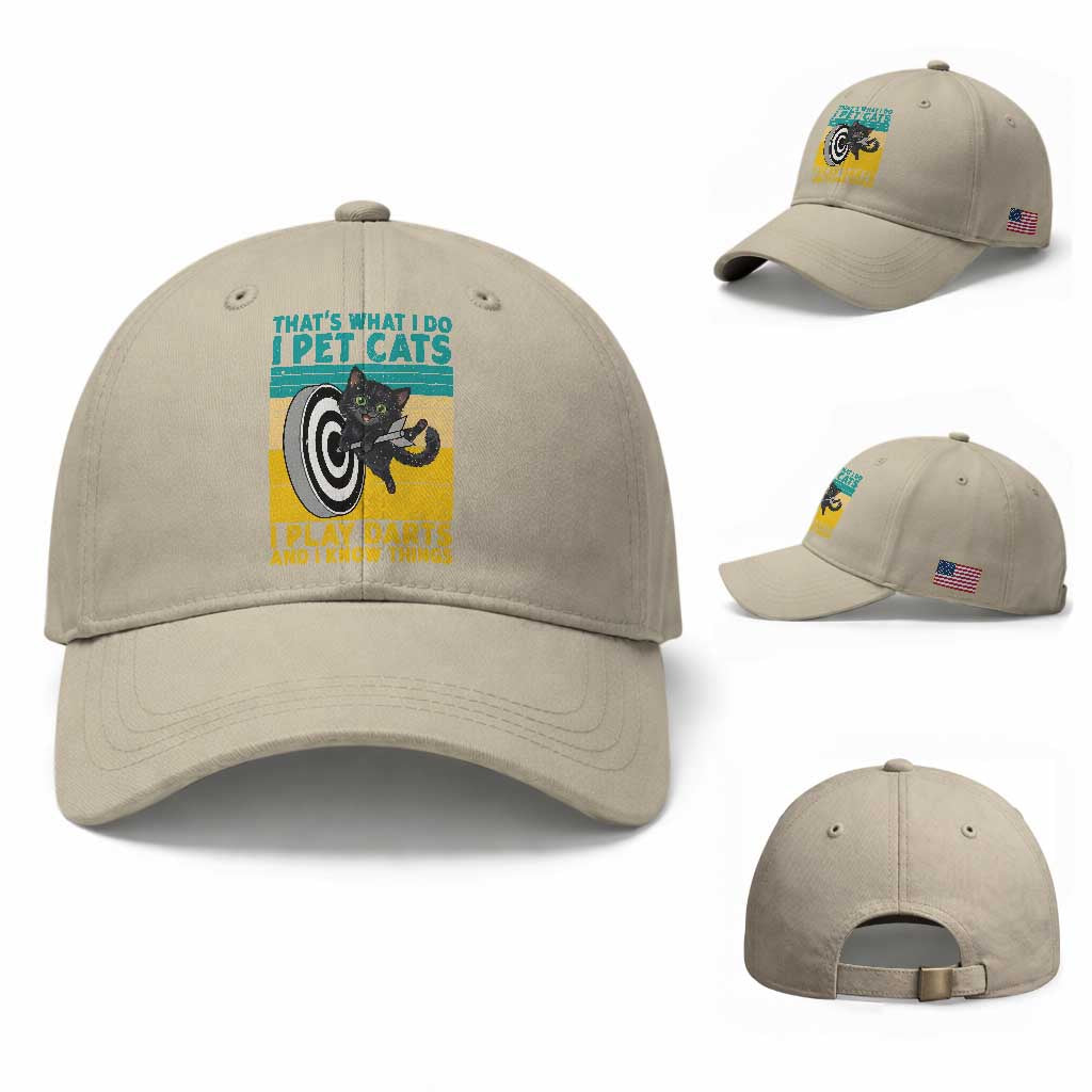 Funny Retro Sunset Cat Darts Baseball Cap I Pet Cats I Play Darts And I Know Things TS12 Baseball Cap Universal Fit Beige Print Your Wear