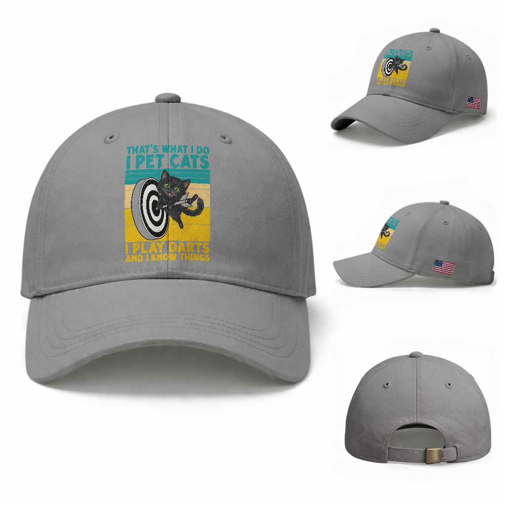 Funny Retro Sunset Cat Darts Baseball Cap I Pet Cats I Play Darts And I Know Things TS12 Baseball Cap Universal Fit Sport Gray Print Your Wear
