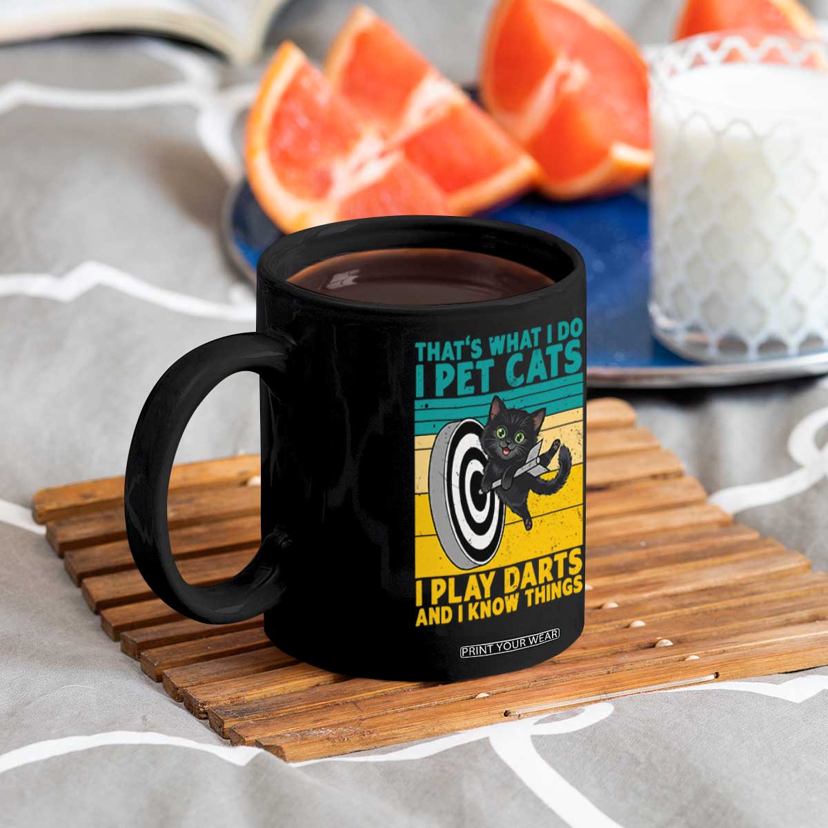 Funny Retro Sunset Cat Darts Coffee Mug I Pet Cats I Play Darts And I Know Things TS12 Print Your Wear