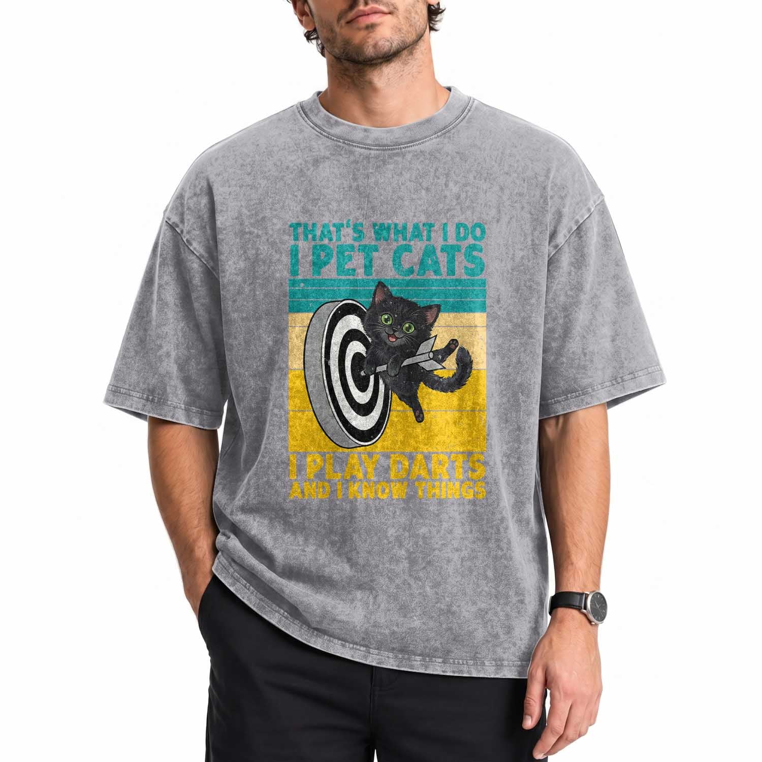 Funny Retro Sunset Cat Darts Washed Cotton T-Shirt I Pet Cats I Play Darts And I Know Things