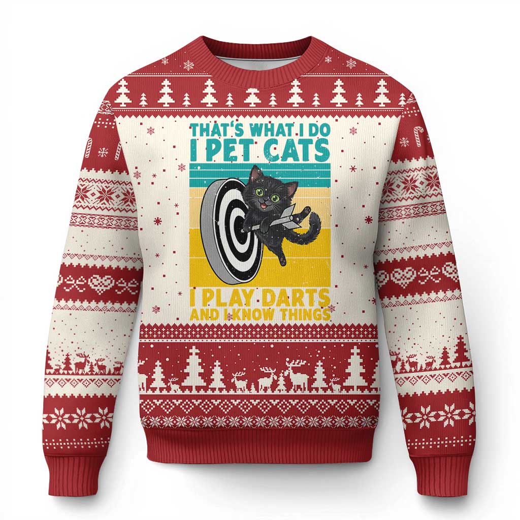 Funny Retro Sunset Cat Darts Ugly Christmas Sweater I Pet Cats I Play Darts And I Know Things TS12 Beige Red Print Your Wear