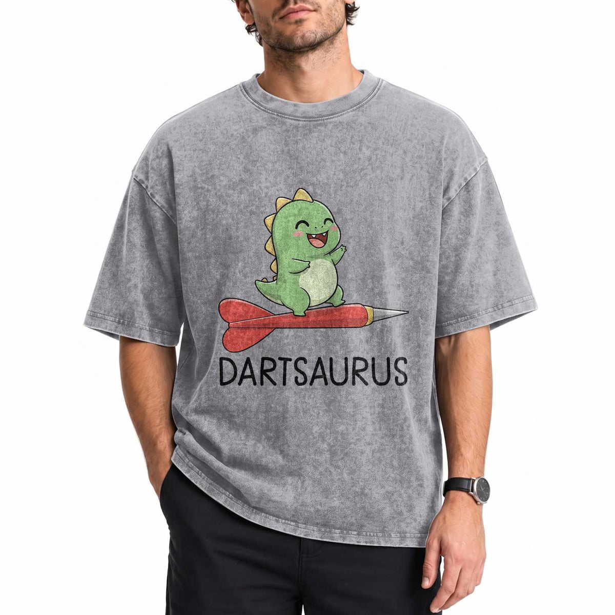 Cute Dartsaurus Playing Dart Washed Cotton T-Shirt Dinosaur Lover Gift