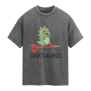 Cute Dartsaurus Playing Dart Washed Cotton T-Shirt Dinosaur Lover Gift