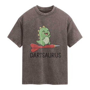 Cute Dartsaurus Playing Dart Washed Cotton T-Shirt Dinosaur Lover Gift