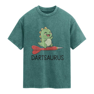 Cute Dartsaurus Playing Dart Washed Cotton T-Shirt Dinosaur Lover Gift
