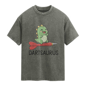Cute Dartsaurus Playing Dart Washed Cotton T-Shirt Dinosaur Lover Gift