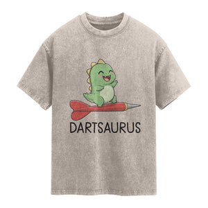 Cute Dartsaurus Playing Dart Washed Cotton T-Shirt Dinosaur Lover Gift