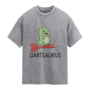 Cute Dartsaurus Playing Dart Washed Cotton T-Shirt Dinosaur Lover Gift