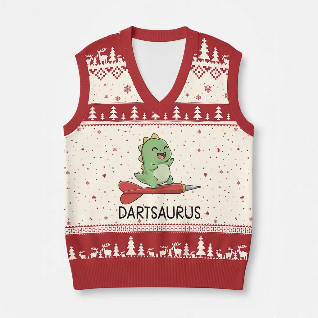 Cute Dartsaurus Playing Dart V-Neck Knit Sweater Vest Dinosaur Lover Gift TS12 Beige Red Print Your Wear
