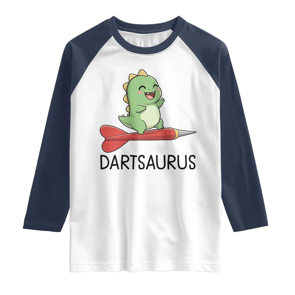 Cute Dartsaurus Playing Dart Raglan Shirt Dinosaur Lover Gift TS12 White Navy Print Your Wear