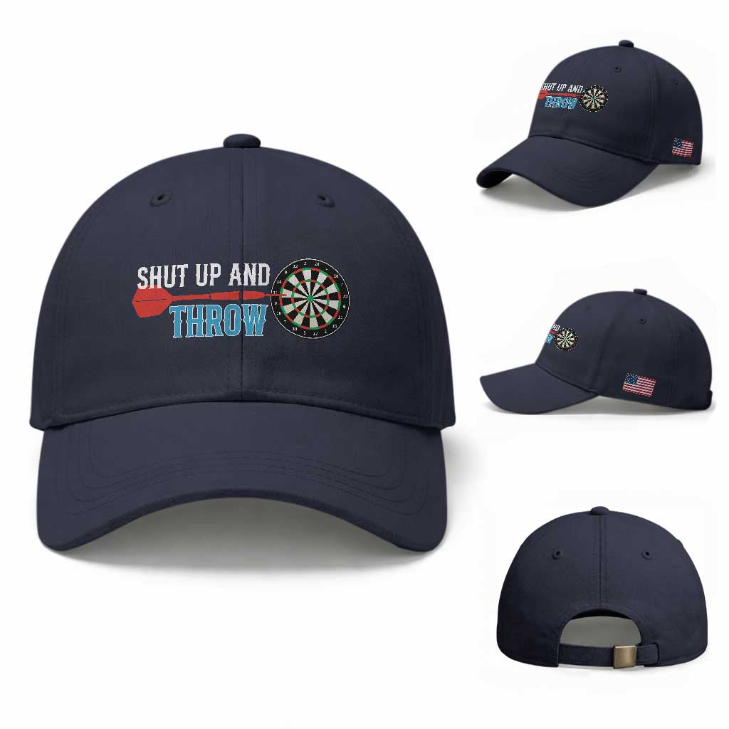 Shut Up And Throw Baseball Cap Funny Darts Player Gift TS12 Baseball Cap Universal Fit Navy Print Your Wear