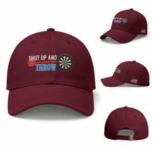 Shut Up And Throw Baseball Cap Funny Darts Player Gift TS12 Baseball Cap Universal Fit Maroon Print Your Wear