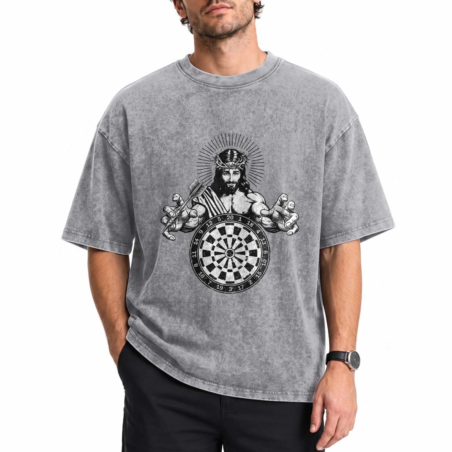 Funny Christian Dartist Gift Washed Cotton T-Shirt Jesus Bullseye Shooter