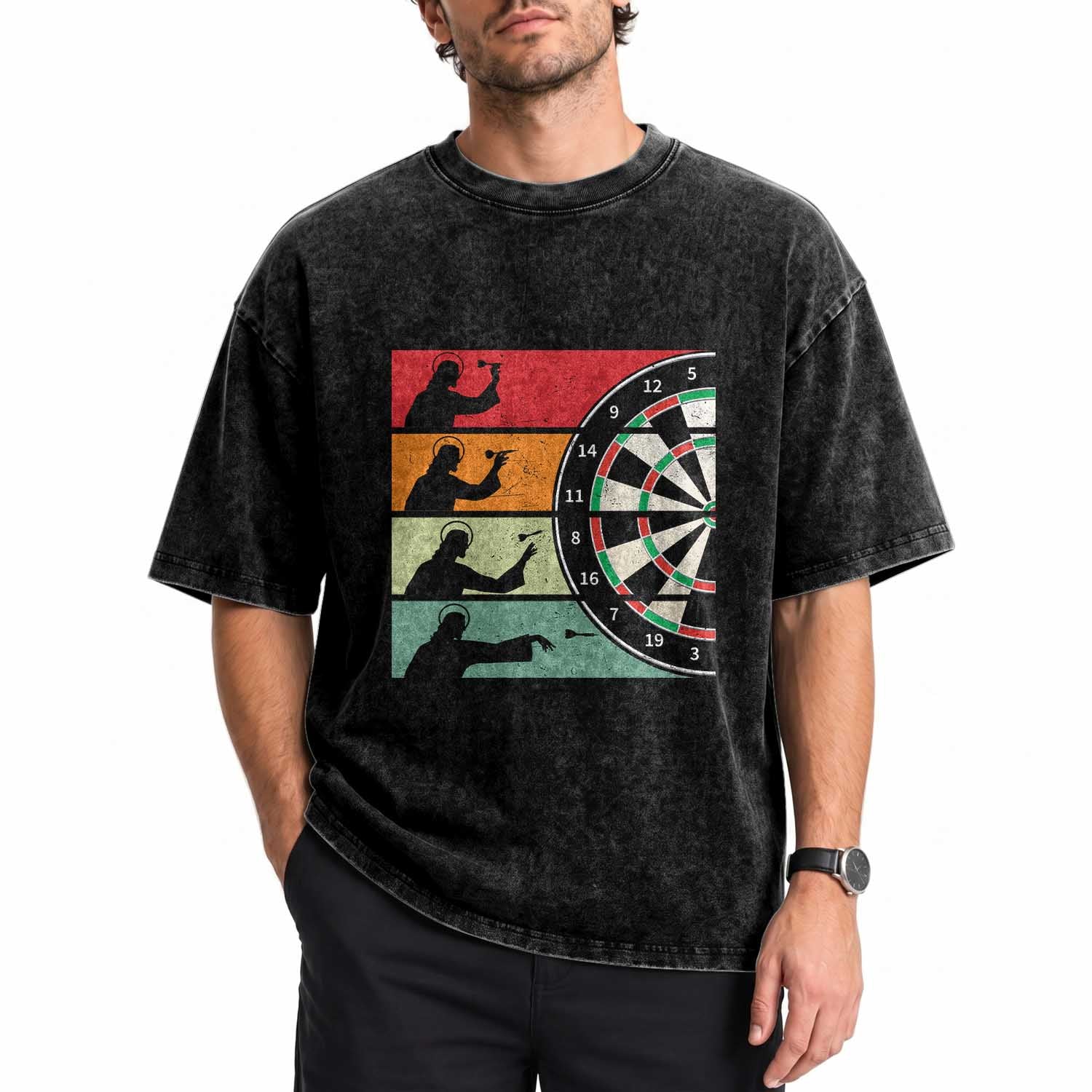 Vintage Darts Player Christian Faith Gift Washed Cotton T-Shirt Jesus Bullseye Shooter