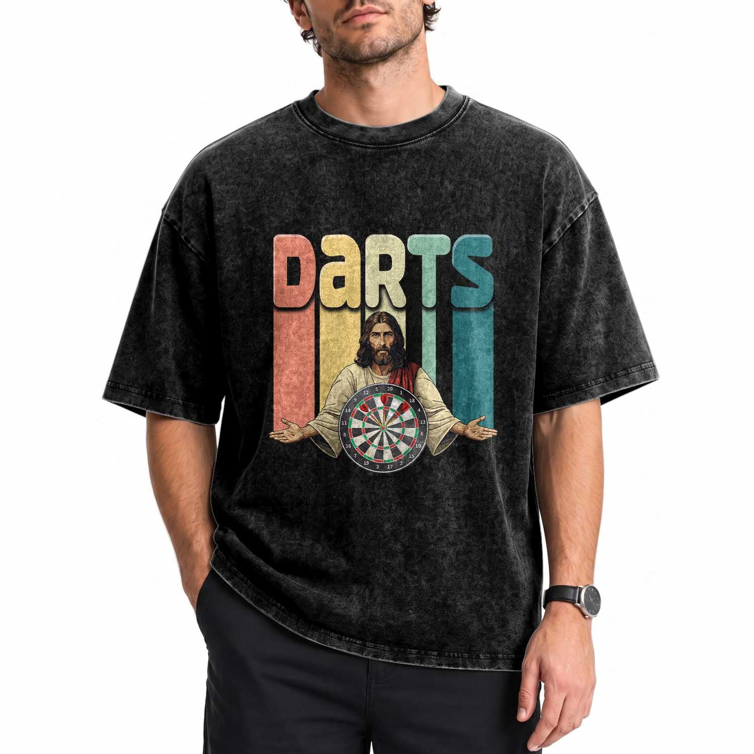 Funny Jesus Dart Player Sunset Retro Vintage Washed Cotton T-Shirt Christian Dartist Gift