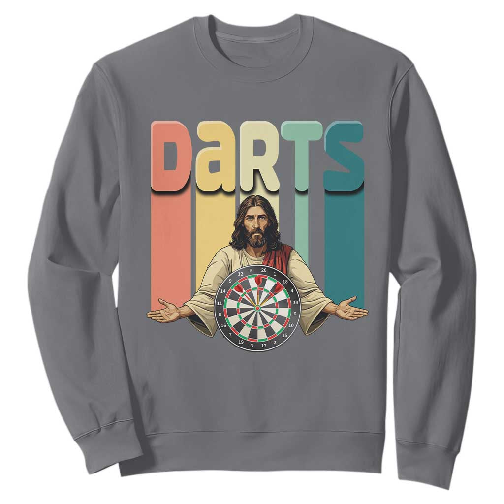 Funny Jesus Dart Player Sunset Retro Vintage Sweatshirt Christian Dartist Gift TS12 Charcoal Print Your Wear