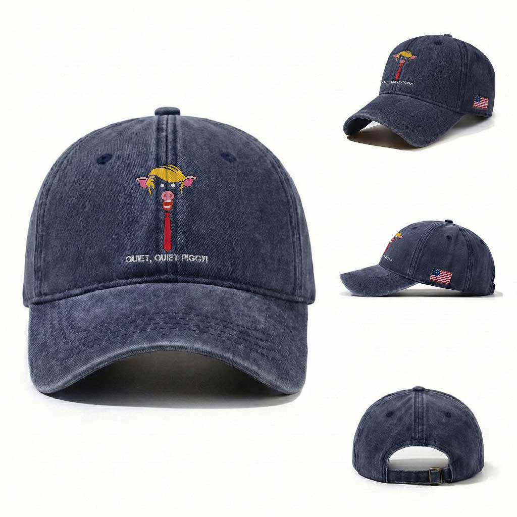 Quiet Quiet Piggy Meme Washed Cotton Baseball Cap Anti Authoritarian Political Gag Gift TS12 Washed Cap Universal Fit Navy Print Your Wear