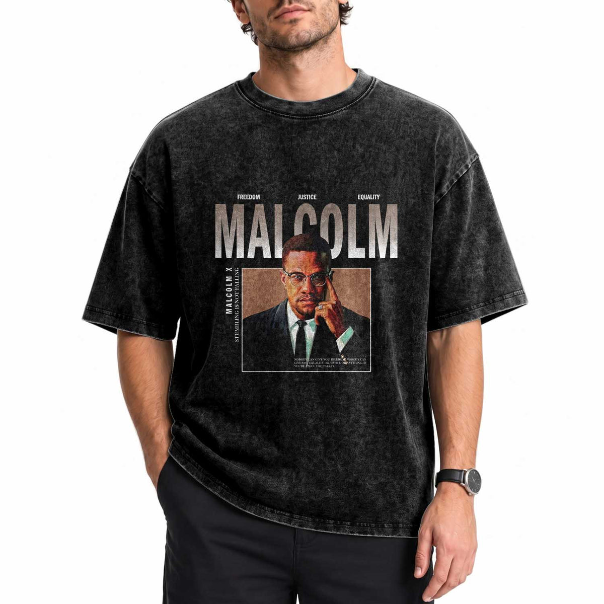 Black History Hero Malcolm X Washed Cotton T-Shirt Stumbling Is Not Falling
