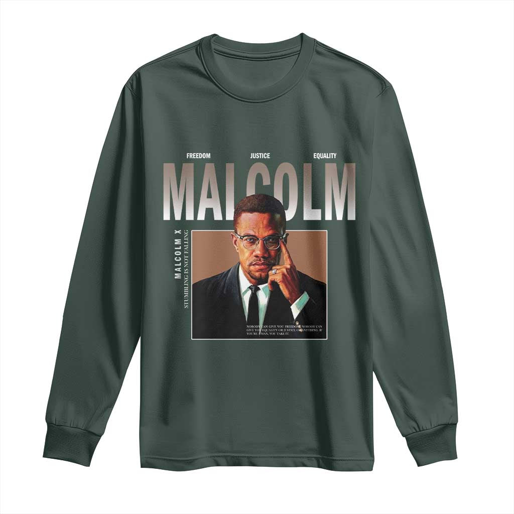 Black History Hero Malcolm X Long Sleeve Shirt Stumbling Is Not Falling TS12 Dark Forest Green Print Your Wear