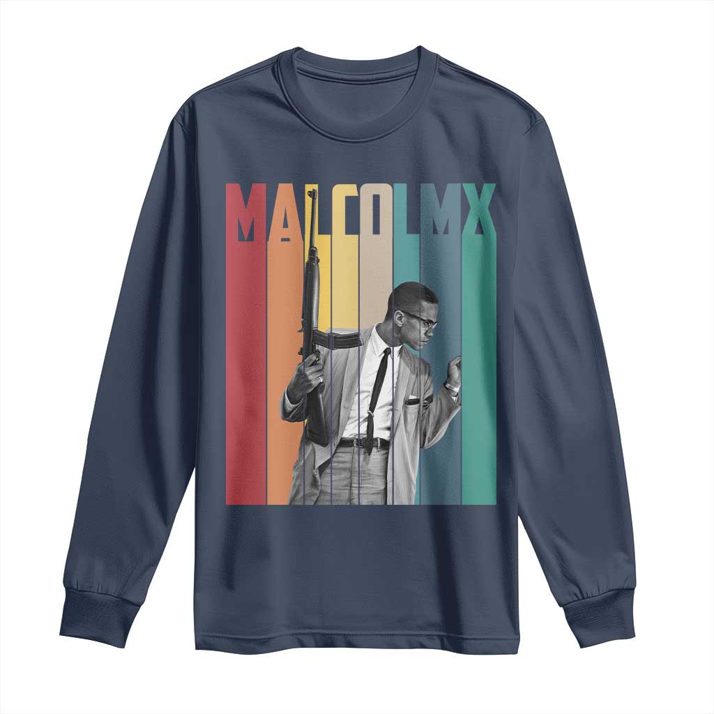 Malcolm X Long Sleeve Shirt Retro Portrait Black Empowerment Heritage Gift TS12 Navy Print Your Wear