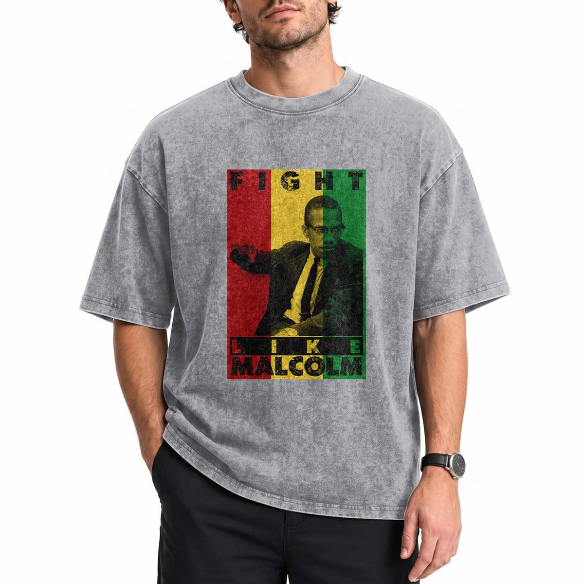 Fight Like Malcolm X Washed Cotton T-Shirt African American Pride Gift