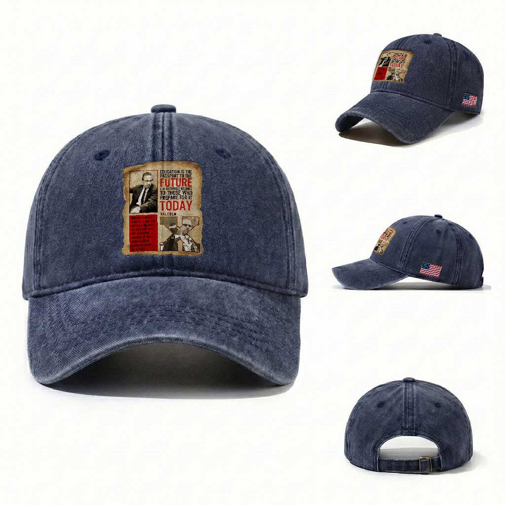 Education Is The Passport To The Future Malcolm X Wisdom Washed Cotton Baseball Cap TS12 Washed Cap Universal Fit Navy Print Your Wear