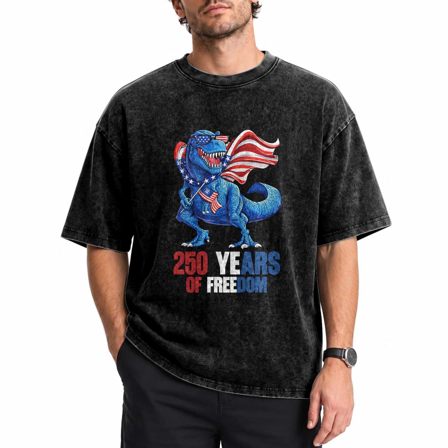 Funny Patriotic Dinosaur Washed Cotton T-Shirt 250 Years Of Freedom