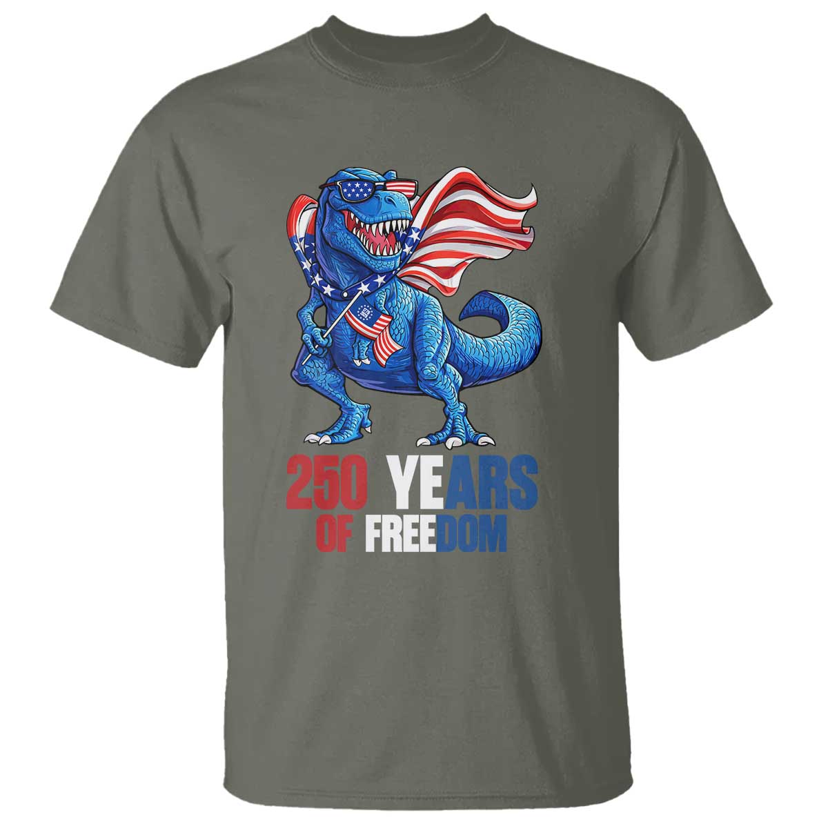 Funny Patriotic Dinosaur T Shirt 250 Years Of Freedom TS12 Military Green Print Your Wear