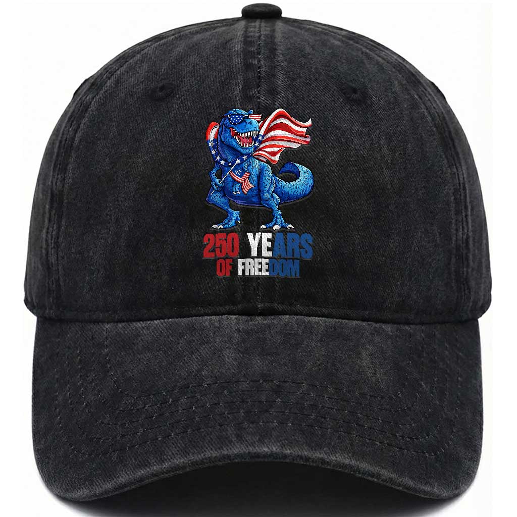 Funny Patriotic Dinosaur Washed Cotton Baseball Cap 250 Years Of Freedom TS12 Washed Cap Universal Fit Black Print Your Wear