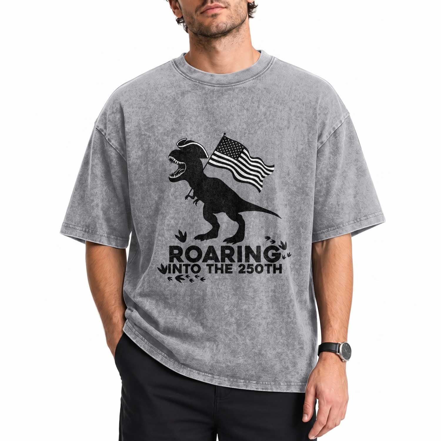 Funny Patriotic Dinosaur Washed Cotton T-Shirt Roaring Into The 250th Anniversary