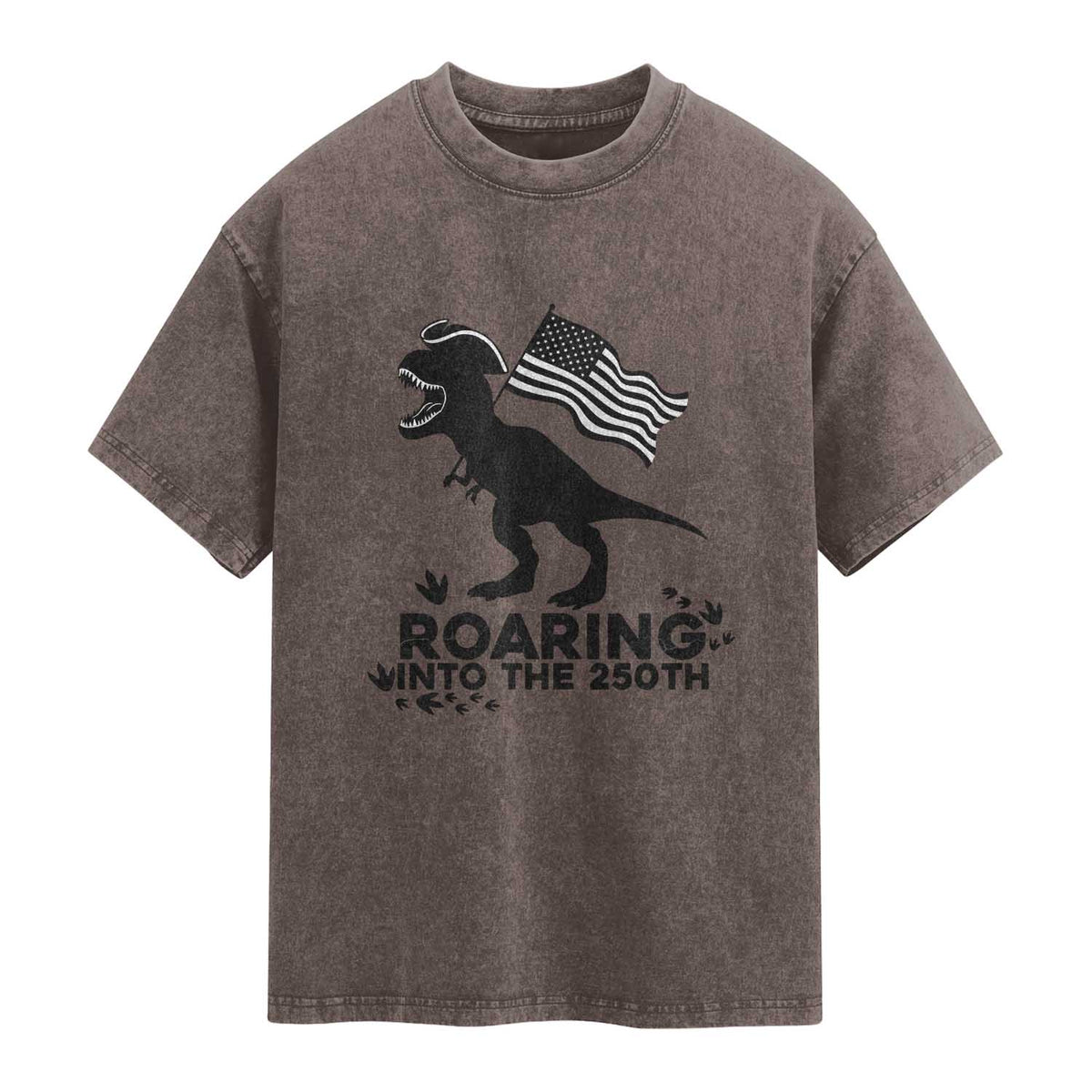 Funny Patriotic Dinosaur Washed Cotton T-Shirt Roaring Into The 250th Anniversary