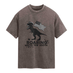 Funny Patriotic Dinosaur Washed Cotton T-Shirt Roaring Into The 250th Anniversary