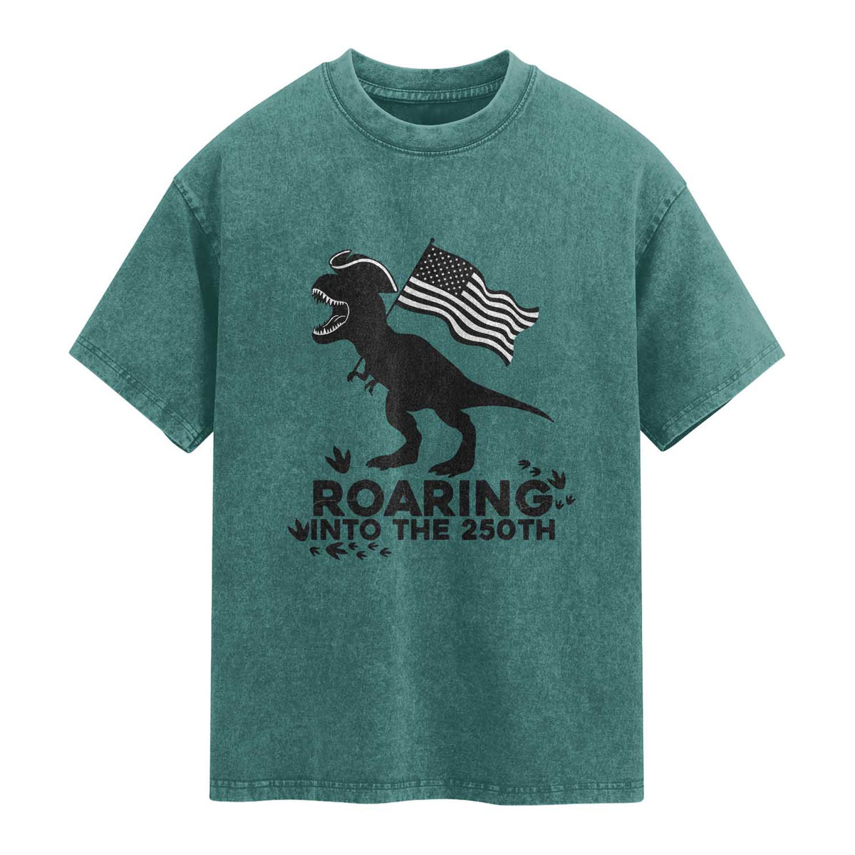 Funny Patriotic Dinosaur Washed Cotton T-Shirt Roaring Into The 250th Anniversary