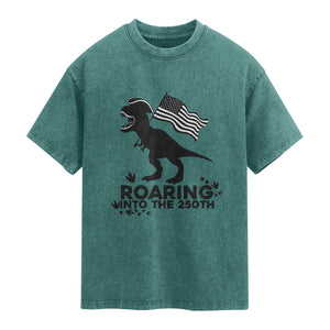 Funny Patriotic Dinosaur Washed Cotton T-Shirt Roaring Into The 250th Anniversary